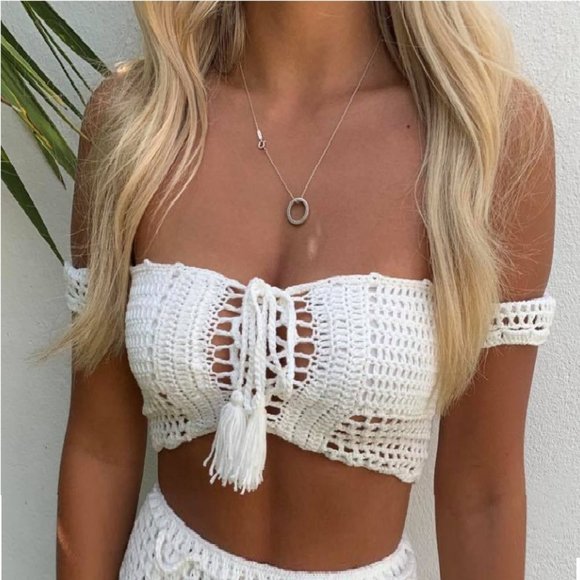 White Off Shoulder Hand Crochet Lace Up Summer Crop Top and Shorts Matching Set - Picture 14 of 16